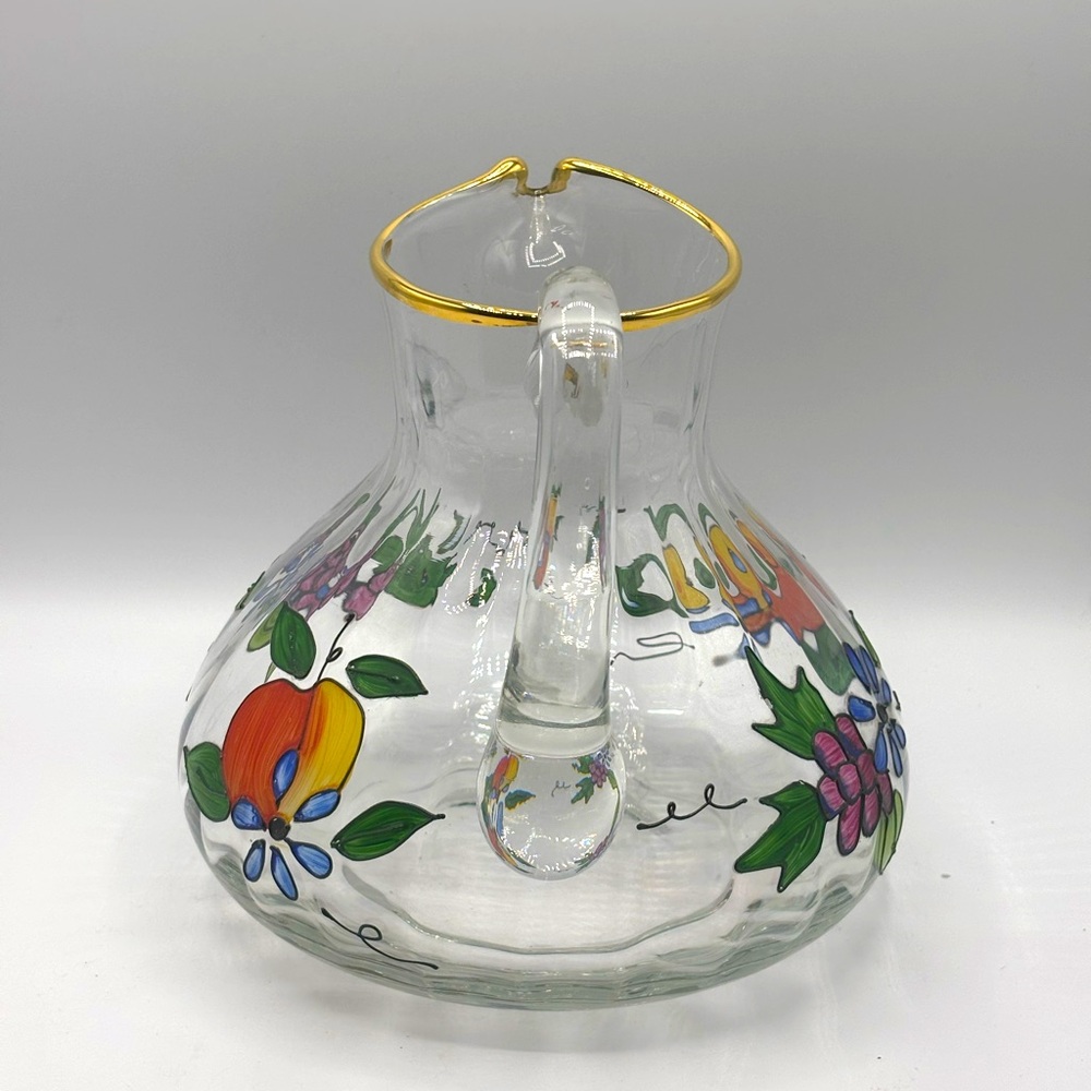 Vtg Fifth Avenue hand painted Romanian crystal 8" fruit floral gold rim pitcher - Picture 2 of 9